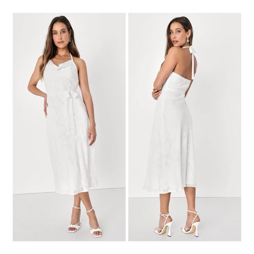 NEW Lulus Small Graceful Charm White Burnout Floral‎ Jacquard Halter Midi Dress